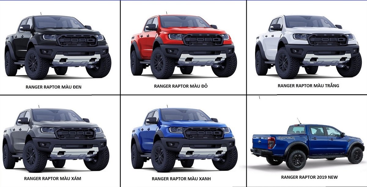 Ford Ranger Raptor có 5 màu ngoại thất là: Xanh dương, xám, đỏ, trắng và đen.